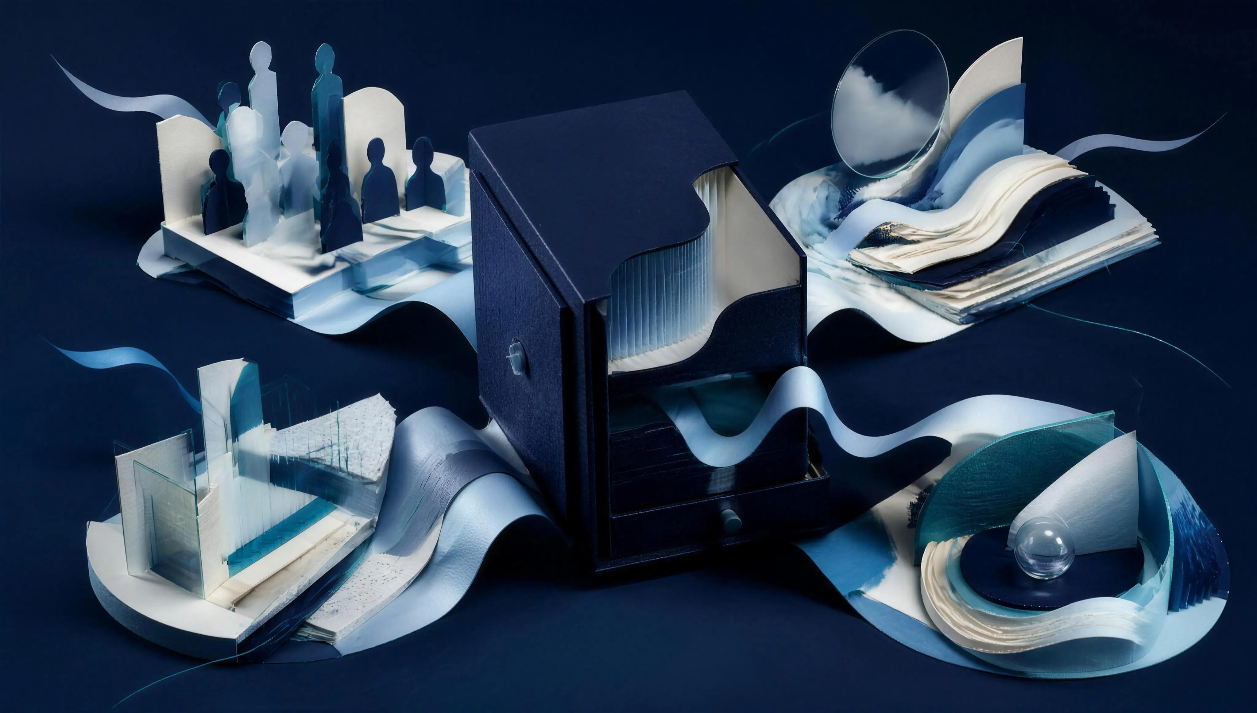 A sculptural navy Brand Layer opens into four paper and glass worlds suggesting people, websites, software, and AI.